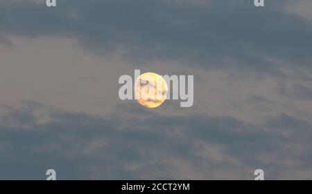 August orange Vollmond, der Sturgeon Mond genannt wird versteckt sich hinter blauen Wolken Hintergrund, Textur. August Luna, der Heidelbeer Mond leuchtet und illum Stockfoto