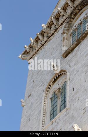 Details der Fassade der römisch-katholischen Kathedrale, die dem Heiligen Nikolaus dem Pilger in Trani, Apulien, Italien gewidmet ist Stockfoto