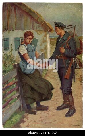 Deutsche historische Postkarte: Ein Seemann der kaiserlichen Marine verabschiedet seine geliebte Frau, am Zaun vor dem Hintergrund eines Dorfhauses, 1914-18 Stockfoto