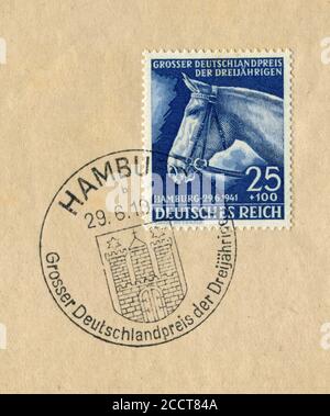 Hamburg, DEUTSCHLAND - 29. September 1941: Historische Briefmarke: Reitpferd-Kopf, Deutsche Meisterschaft im Pferderennen 'Blaues Band', erster Tag absagen Stockfoto