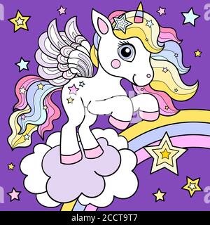 Niedliches, weißes Einhorn mit einer langen Mähne auf einem Regenbogen. Illustration für Kinder. Für die Gestaltung von Postkarten, Drucke, Plakate, Aufkleber etc. Vektor Stock Vektor