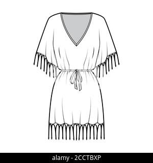 Gefranste Kaftan-Kleid technische Mode-Illustration mit tiefem V-Ausschnitt, geraffte Gürtel, Fledermaus Ellenbogen Ärmel, über-die-Knie-Länge, überdimensioniert. Flache Schablone vorne weiß Farbe. Damen Herren Unisex-Shirt Stock Vektor