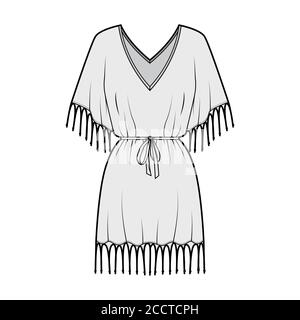 Gefranste Kaftan-Kleid technische Mode-Illustration mit tiefem V-Ausschnitt, geraffte Gürtel, Fledermaus Ellenbogen Ärmel, über-die-Knie-Länge, überdimensioniert. Flache Schablone vorne grau Farbe. Damen Herren Unisex-Shirt Stock Vektor