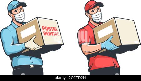 Anlieferer in medizinischer Maske und Handschuhen, Kurier mit Paket in der Hand Stock Vektor