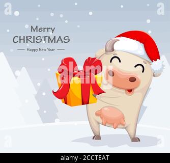 Frohe Weihnachten Grußkarte mit niedlichen Kuh Cartoon Charakter hält Geschenkbox. Chinesisches Neujahr der Bulle 2021. Vektorgrafik Stock Vektor