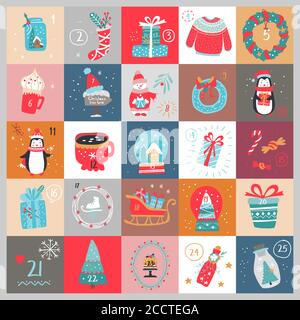 Weihnachtsadventkalender. Vektor Winter Urlaub Illustration. Stock Vektor