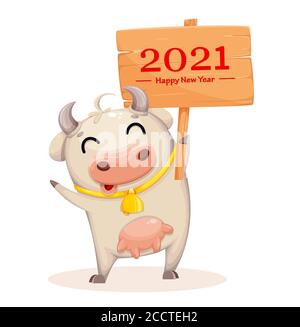 Nette Kuh Cartoon Charakter hält Plakat mit Grüßen. Chinesisches Neujahr. Jahr der Bulle 2021. Vektorgrafik Stock Vektor