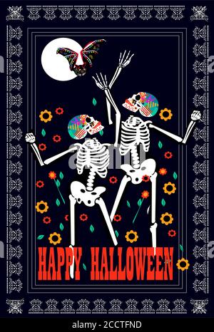 Happy Halloween Hintergrund mit Totenköpfen tanzen auf dem Mondschein, Blumen, Fledermaus und Text Stockfoto