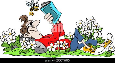 Cartoon Mann auf Gras liegend Lesung ein Buch Vektor Illustration Stock Vektor
