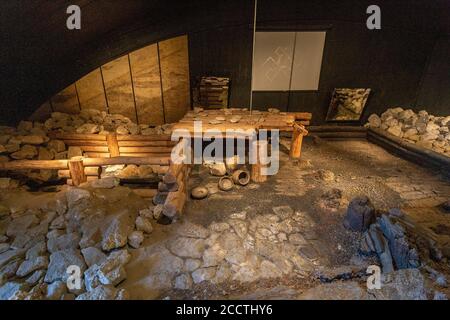 Archäologischer Park in Szazhalombatta, Ungarn. Erbaut auf dem neolithischen Hügelfeld am Rande der Stadt. Stockfoto