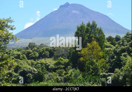 Der konische Vulkan Pico, der sich über seiner gleichnamigen Insel erhebt (Azoren-Archipel, Portugal) Stockfoto