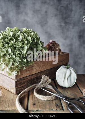 Trockene Hortensienblume in Holzkiste, weißer Deko-Kürbis, Vintage-Schere und Garnstück auf Holztisch. Herbstdekor. Stockfoto