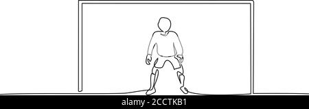 Fortlaufende eine-Linie-Zeichnung. Fußball-Torwart Junge steht am Tor. Vektorgrafik schwarz auf weiß Stock Vektor