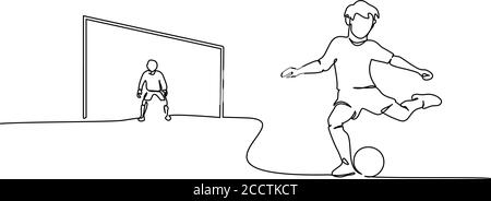 Fortlaufende eine-Linie-Zeichnung. Junge spielen Fußball mit Torwart Junge steht am Tor. Sport Konzept Vektor Illustrationen schwarz auf weiß Stock Vektor