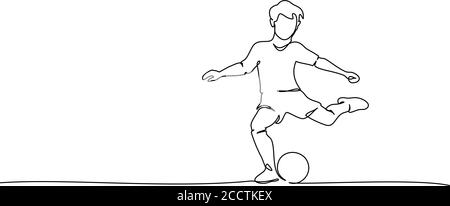 Fortlaufende eine-Linie-Zeichnung. Kleiner Junge spielt Fußball. Sport Konzept Vektor Illustrationen schwarz auf weiß Stock Vektor