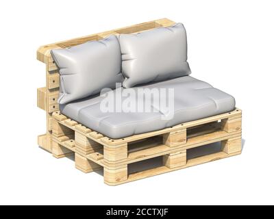 Hölzerne Palette Sofa 3D Rendern Illustration isoliert auf weißem Hintergrund Stockfoto
