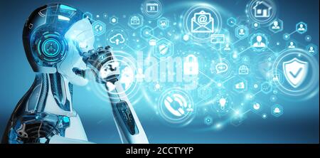 White-man-Roboter auf verschwommenem Hintergrund mit Cyber-Sicherheitsdaten 3D-Rendering der Schnittstelle Stockfoto