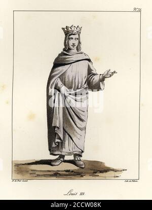 Statue von Ludwig III. (863-882), König von West-Francia, ältester Sohn von König Ludwig II. Und Avantgarde von Burgund, getönte Lithographie von Villain nach einer Illustration von Horace de viel-Castel aus seiner Sammlung des costumes, armes et meubles pour servir à l'histoire de la France (Sammlung von Kostümen, Waffen und Möbel für die Geschichte Frankreichs), Treuttel & Wurtz, Bossange, 1827. Stockfoto
