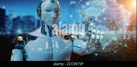 Weißer Mann Cyborg auf verschwommenem Hintergrund mit Planet Erde Schnittstelle 3D-Rendering Stockfoto