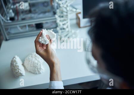 Dunkelhaarige Medizinstudentin, die die Kunststoffprothese untersucht Stockfoto