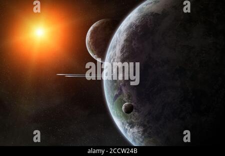 Blick auf einen Sonnenaufgang auf einem fernen Planetensystem in Platz Stockfoto