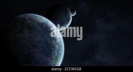 Blick auf einen Sonnenaufgang auf einem fernen Planetensystem in Platz Stockfoto