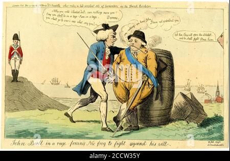 John Bull in einer Wut zwingt Nic Frog, gegen seinen Willen zu kämpfen. (BM 1868,0808.6275). Stockfoto