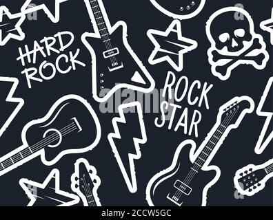 Trendige musikalische nahtlose Muster mit Gitarren, Totenkopf und Crossbones und andere Rock-Musik Symbole für Teenager Kleidung Design. Nahtlose Rockmusik Backgr Stock Vektor