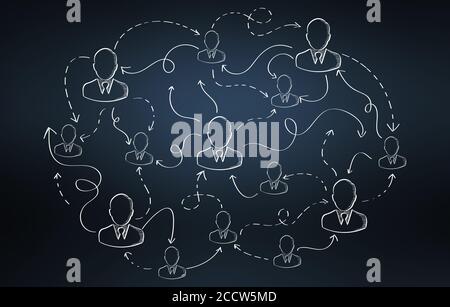 Handgezeichnete Präsentation des sozialen Netzwerks auf blauem Hintergrund Stockfoto