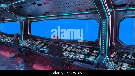 Grunge Raumschiff Innenraum mit blauem Hintergrund 3D-Rendering Stockfoto