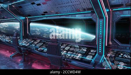 Grunge Raumschiff blau und rosa Innenraum mit Blick auf den Planeten Earth 3D Rendering Elemente dieses Bildes von der NASA Stockfoto