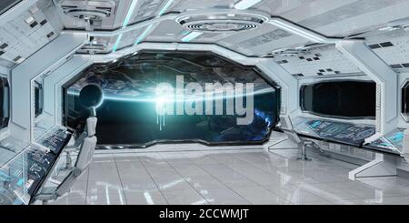 Weiß sauber Raumschiff Innenraum mit Blick auf den Planeten Erde 3D Rendering Elemente dieses Bildes von NASA Stockfoto