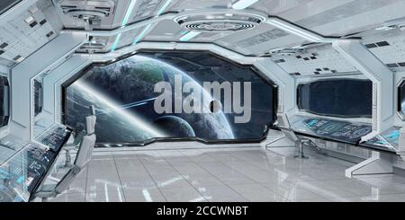Weiß sauber Raumschiff Innenraum mit Blick auf ferne Planeten-System 3D-Rendering-Elemente dieses Bildes von der NASA Stockfoto
