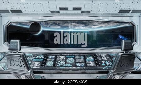 Weiß sauber Raumschiff Innenraum mit Blick auf den Planeten Erde 3D Rendering Elemente dieses Bildes von NASA Stockfoto