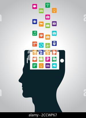 Mobile Apps werden heruntergeladen und im Kopf in Form eines Smartphones installiert, die den Geist ersetzen. Moderne Technologien ersetzen das Denken Stock Vektor