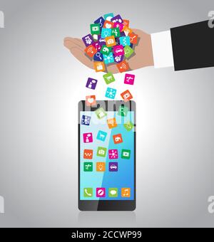 Hand lädt und installiert Apps in Smartphone isoliert auf weiß Stock Vektor