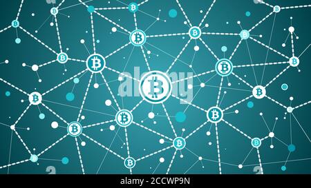 Bitcoin Krypto Währung und Blockchain auf blauem Hintergrund Bitcoin Transaktionen Und Blöcke Stock Vektor