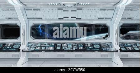 Weiß sauber Raumschiff Innenraum mit Blick auf ferne Planeten-System 3D-Rendering-Elemente dieses Bildes von der NASA Stockfoto