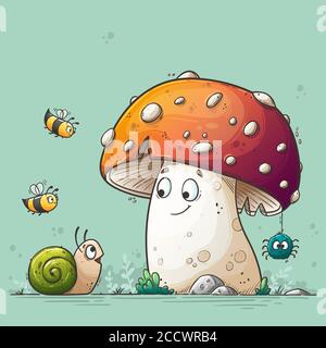 Freunde treffen sich. Fliegen Sie Agarie, Schnecke, Bienen und Spinne. Handgezeichnete Vektorgrafik mit separaten Ebenen. Stock Vektor