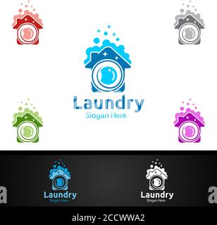 Laundry Dry Cleaners Logo mit Kleidung, Wasser und Waschen Konzept Design Stock Vektor