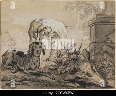 Jean-Baptiste Oudry - nach der Jagd- zwei Hunde neben einem Kopf des Wildschweins Stockfoto