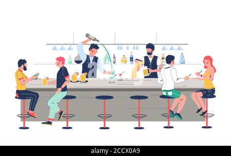 Barkeeper Zeichen Gießen Bier, Herstellung Alkohol Cocktail für Pub, Bar, Club-Kunden, Vektor flache Illustration Stock Vektor
