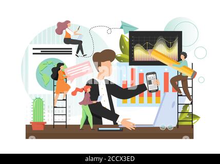 Büromitarbeiter, Team-Profis arbeiten zusammen, Analyse Finanzdiagramm, flache Vektor-Illustration. Stock Vektor
