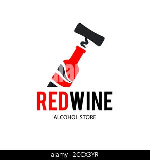 Schild Schwarzer Korkenzieher und eine Flasche Rotwein. Design moderne Logos für Unternehmen. Vektor-Logo auf weißem Hintergrund isoliert. Stock Vektor
