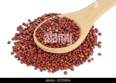 Rote Quinoa Samen in Holzlöffel auf weißem Hintergrund mit Clipping-Pfad und volle Tiefe des Feldes isoliert Stockfoto