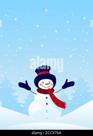 Frohe Weihnachten Grußkarte mit Kopierplatz. Weihnachtshintergrund für Glückwünsche, Social-Media-Geschichten und Design. Niedlichen Schneemann auf einem Winter Hintergrund. Glücklicher Charakter Schneemann im Wald. Vektor für flaches Material Stock Vektor