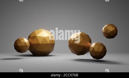 Gruppe von schwebenden Kugeln oder Kugeln mit reflektierenden gelb-golden metallisch glänzenden Oberfläche, realistische 3d-Rendering, konzeptionelle abstrakte Illustration Stockfoto