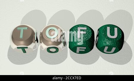 Kreuzworträtsel von Tofu, angeordnet durch kubische Buchstaben auf einem Spiegelboden, Begriffsbedeutung und Präsentation, 3D-Illustration Stockfoto