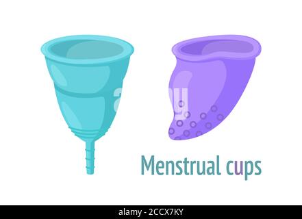 Zwei Arten von wiederverwendbaren Menstruationsbecher. Hygieneartikel für Frauen, die in der Regel wiederverwenden und keine Abfälle. Isolierte Vektorgrafik im Cartoon-Stil Stock Vektor