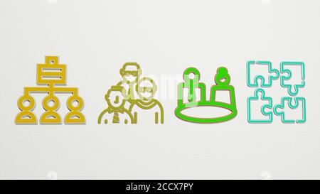 Team Work 4 Symbole, 3D-Illustration Stockfoto